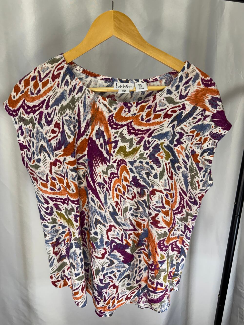 Nicole Miller New York Women’s M 100% Linen Abstract Print Short Sleeve Top